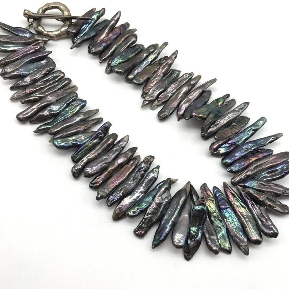 Vintage 925 Sterling Silver Chunky Abalone Unique Abstract Toggle Necklace - Picture 4 of 11